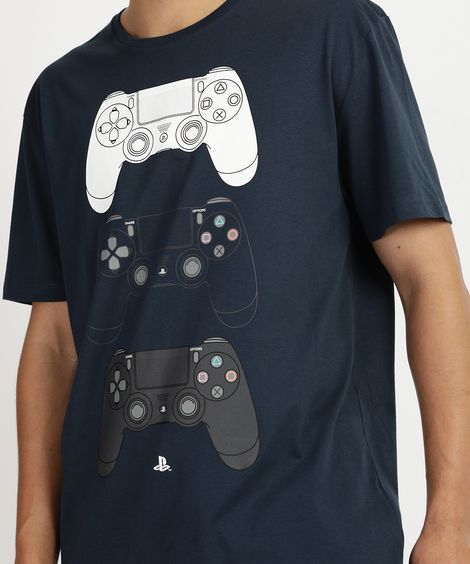 Camiseta Masculina Playstation Manga Curta Gola Careca Azul Marinho