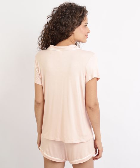 Pijama Feminino com Bolso e Botões Manga Curta Rosa