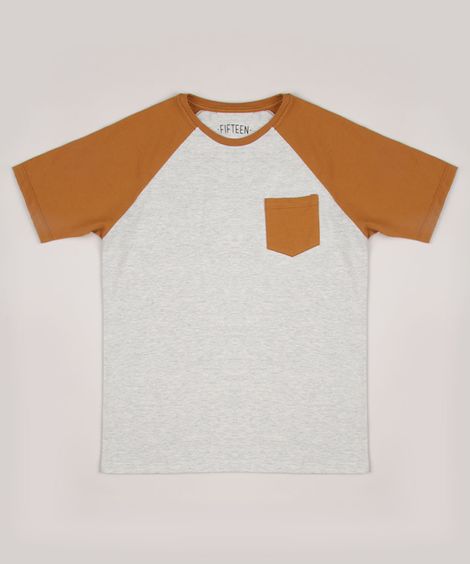 Camiseta Infantil com Bolso Manga Curta Raglan Cinza Mescla Claro