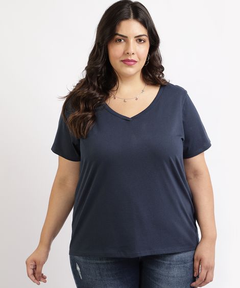 blusa plus size manga curta decote v verde militar - azul marinho