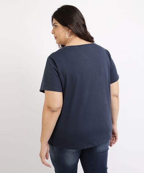 blusa plus size manga curta decote v verde militar - azul marinho