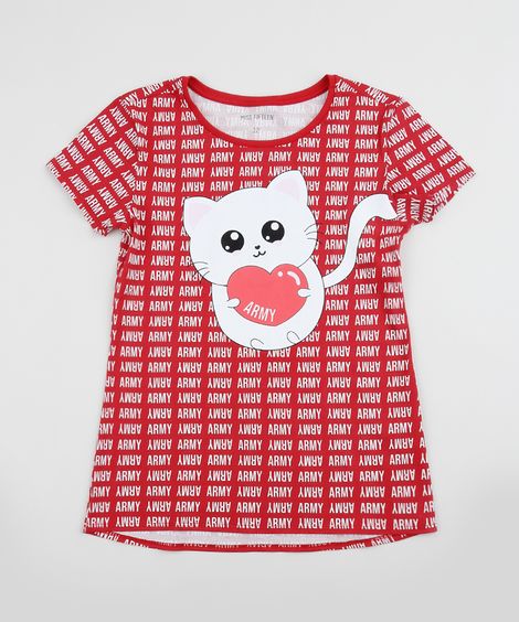 Blusa Juvenil "Army" Gatinho Manga Curta Vermelho