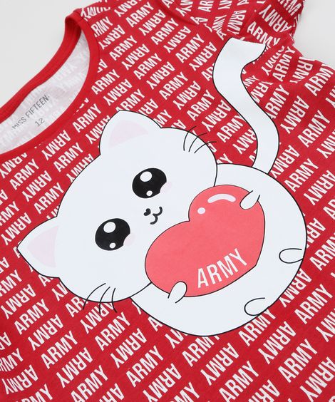 Blusa Juvenil "Army" Gatinho Manga Curta Vermelho