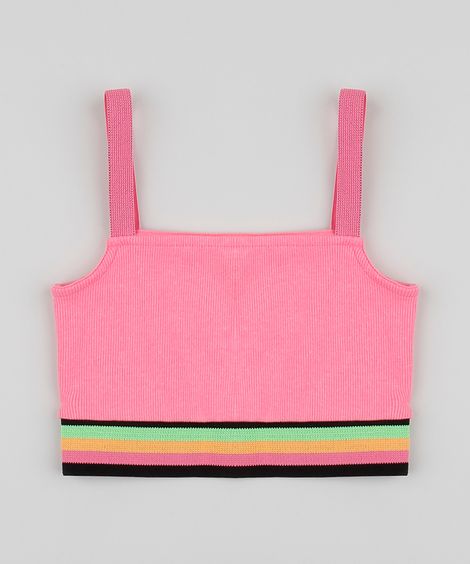 Top Cropped Juvenil Canelado e com Listras Rosa Neon