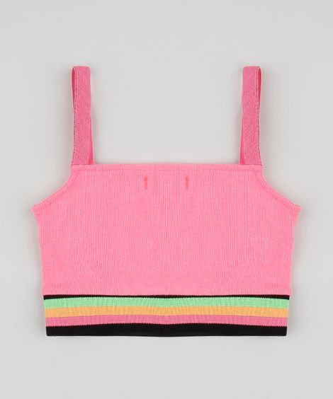 Top Cropped Juvenil Canelado e com Listras Rosa Neon