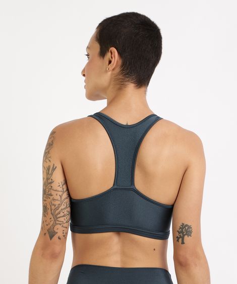 Top Feminino Esportivo com Recorte Estampado Camuflado Decote Nadador Bojo Removível Azul Marinho