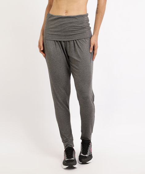Calça Feminina Jogger Yoga Cintura Média Cós Dobrado Cinza Mescla Escuro