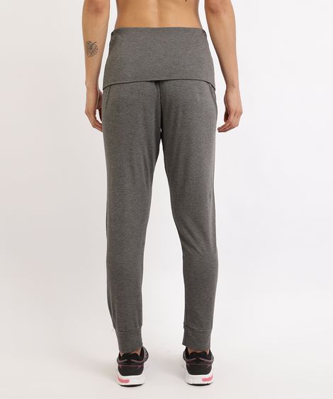 Calça Feminina Jogger Yoga Cintura Média Cós Dobrado Cinza Mescla Escuro