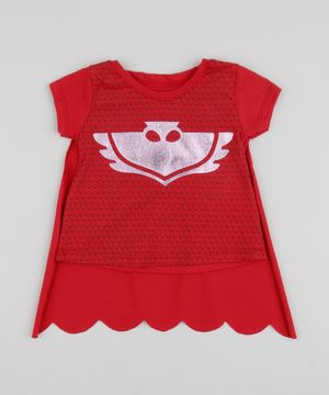 Blusa Infantil Pj Masks Corujita Manga Curta + Capa Removível Vermelha