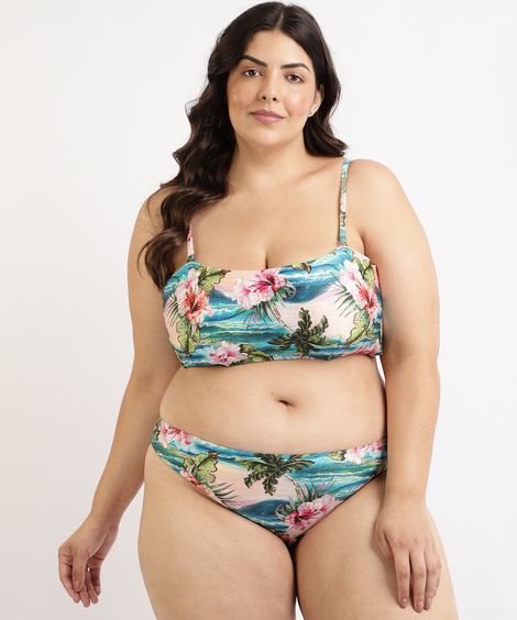 Biquíni Calcinha Plus Size Estampado de Praia com Proteção UV50+ Azul