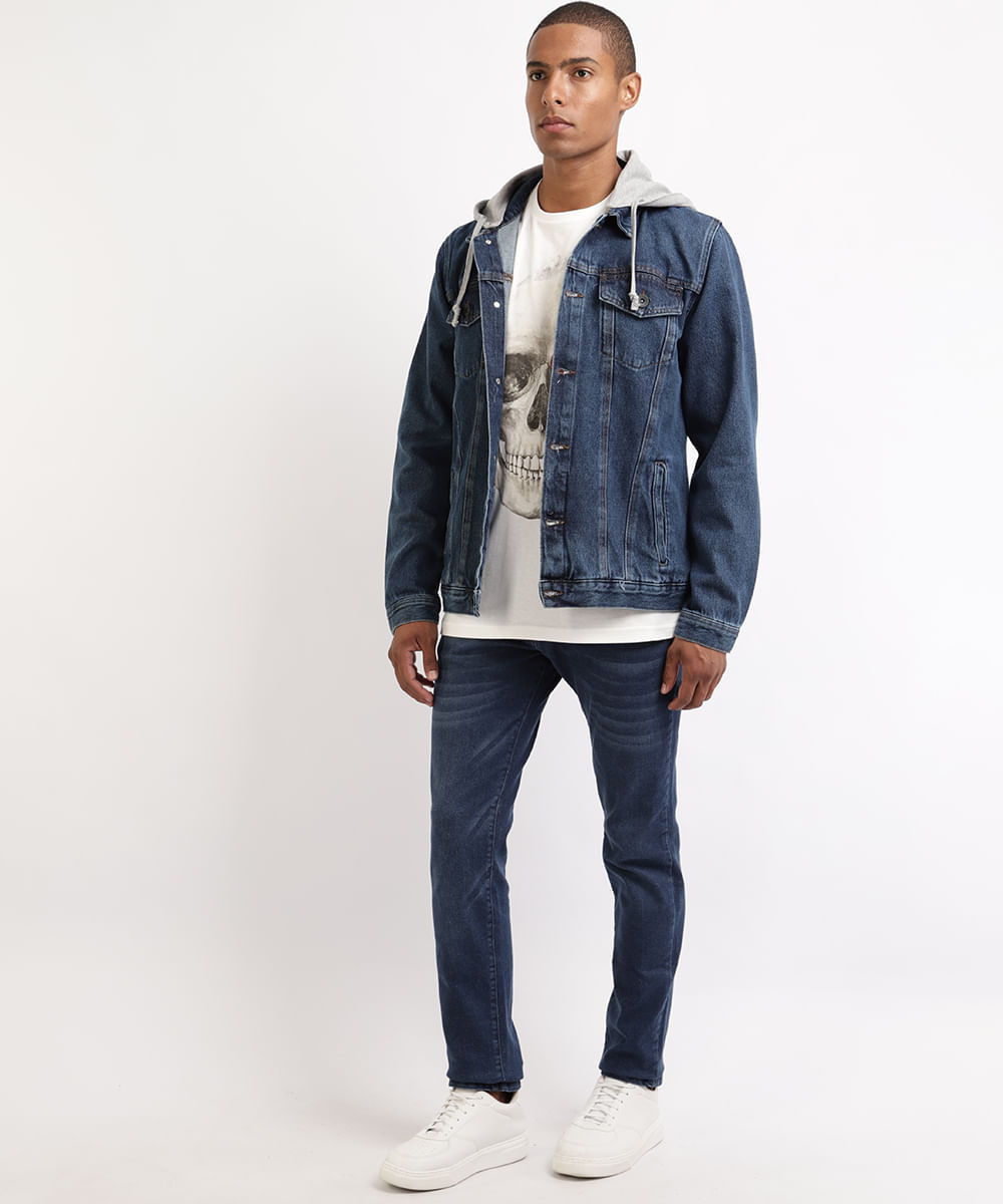 mens denim jacket with grey moletom com capuz