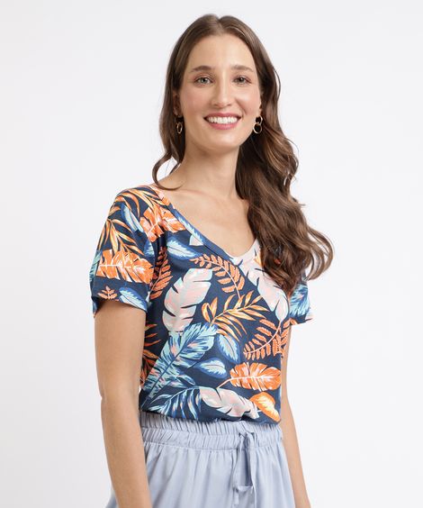 Blusa Feminina Estampada Floral Manga Curta Decote V Azul Marinho