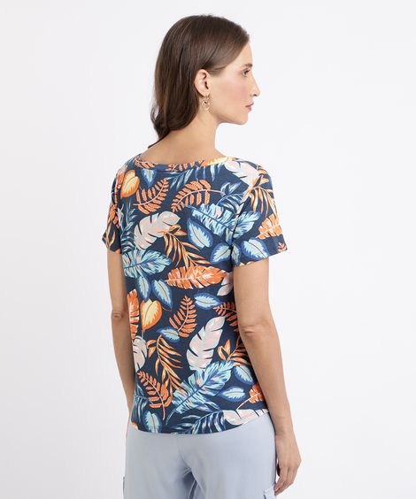 Blusa Feminina Estampada Floral Manga Curta Decote V Azul Marinho