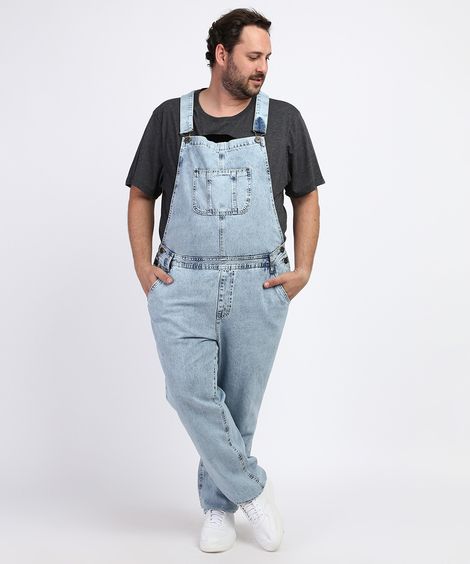 Macacão Jeans Masculino Plus Size com Bolsos Azul Médio