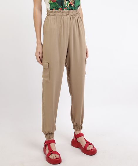 Calça Feminina Jogger Cargo Cintura Alta Kaki