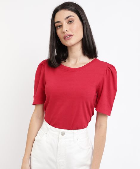 Blusa Feminina Básica Texturizada Manga Bufante Decote Redondo Vermelha