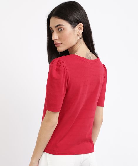 Blusa Feminina Básica Texturizada Manga Bufante Decote Redondo Vermelha