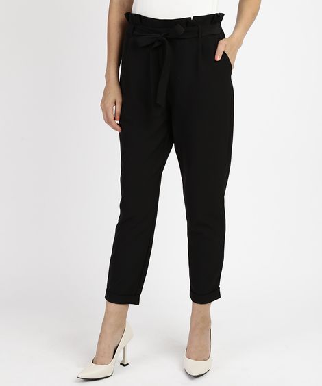 Calça Feminina Clochard Cintura Super Alta Alfaiatada com Faixa para Amarrar  Preta