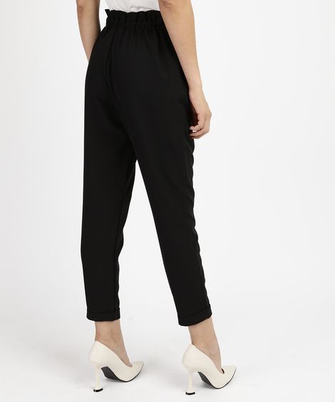 Calça Feminina Clochard Cintura Super Alta Alfaiatada com Faixa para Amarrar  Preta