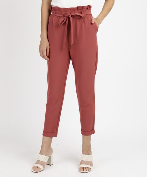 Calça Feminina Clochard Cintura Super Alta Alfaiatada com Faixa para Amarrar  Rosa