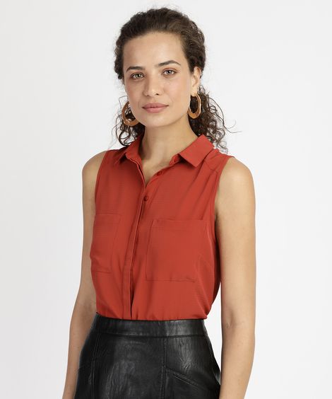 Camisa Feminina com Bolso Sem Manga Laranja