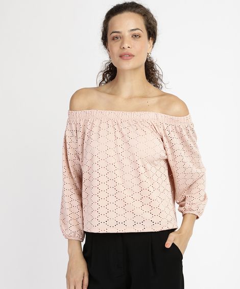 Blusa Feminina Ombro a Ombro em Laise Manga 7/8 Rosa