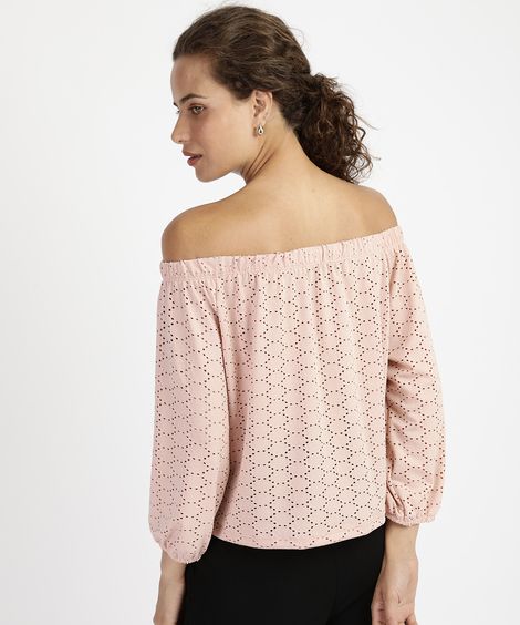 Blusa Feminina Ombro a Ombro em Laise Manga 7/8 Rosa