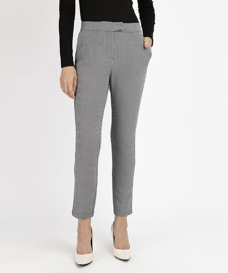 Calça Feminina Skinny Cintura Alta Alfaiatada Estampada Xadrez  Preta