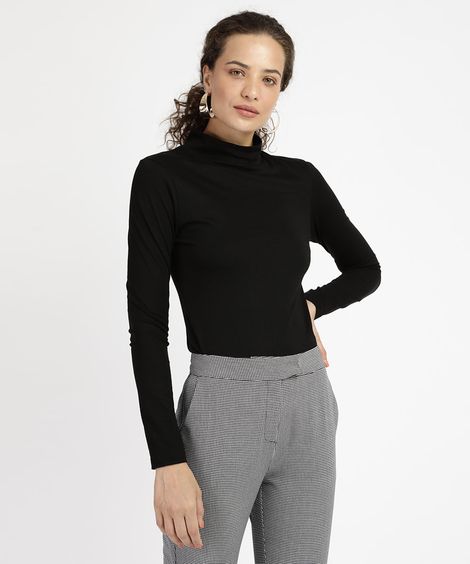 Blusa Feminina Básica Manga Longa Gola Alta Preta
