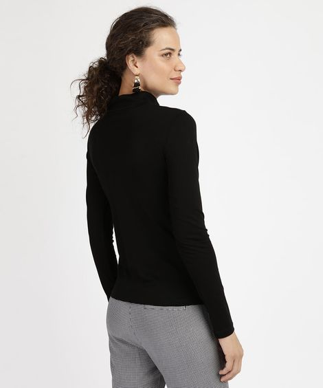 Blusa Feminina Básica Manga Longa Gola Alta Preta