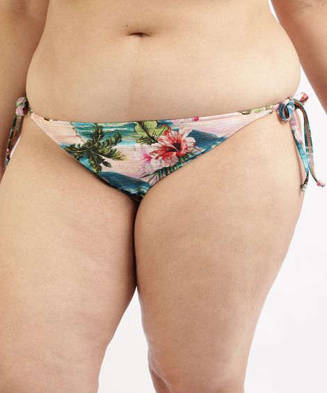 Biquíni Calcinha Plus Size Tanga Estampado de Praia com Amarração e Proteção UV50+ Azul