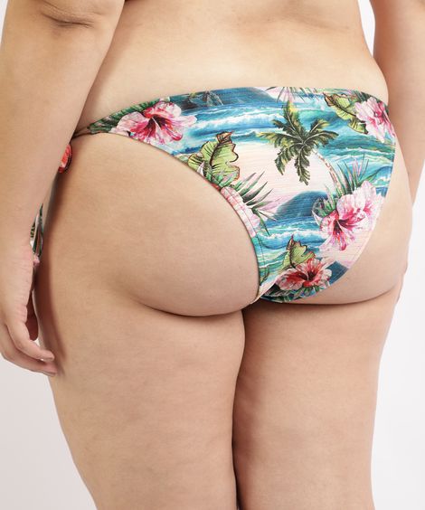 Biquíni Calcinha Plus Size Tanga Estampado de Praia com Amarração e Proteção UV50+ Azul