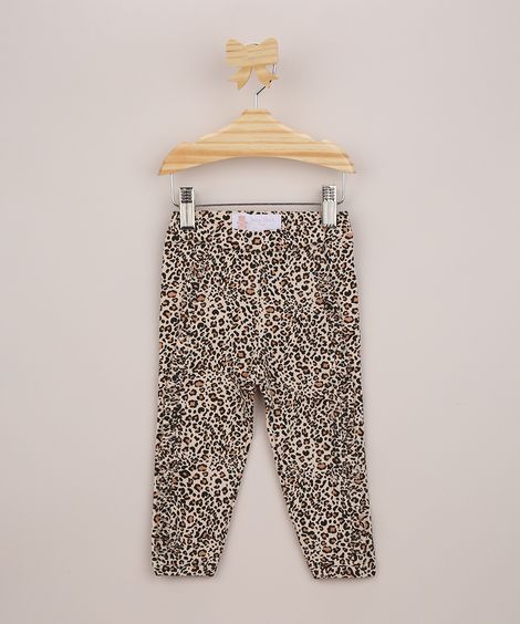 Calça Legging Infantil Estampada Animal Print Onça com Babados Bege