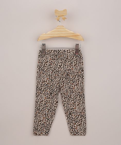 Calça Legging Infantil Estampada Animal Print Onça com Babados Bege