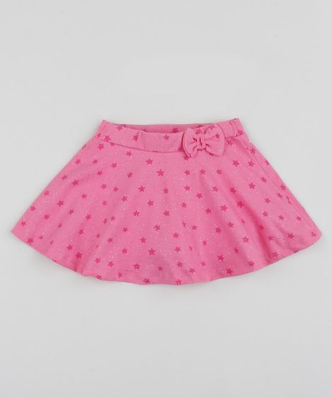 Short Saia Infantil Estampada de Estrelas com Laço e Glitter Rosa