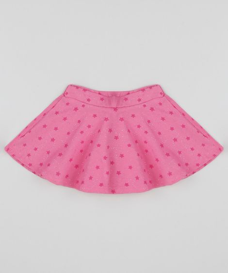 Short Saia Infantil Estampada de Estrelas com Laço e Glitter Rosa