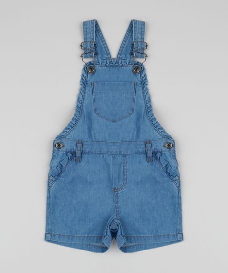 Jardineira Jeans Infantil Estampada Floral com Babados Azul Médio