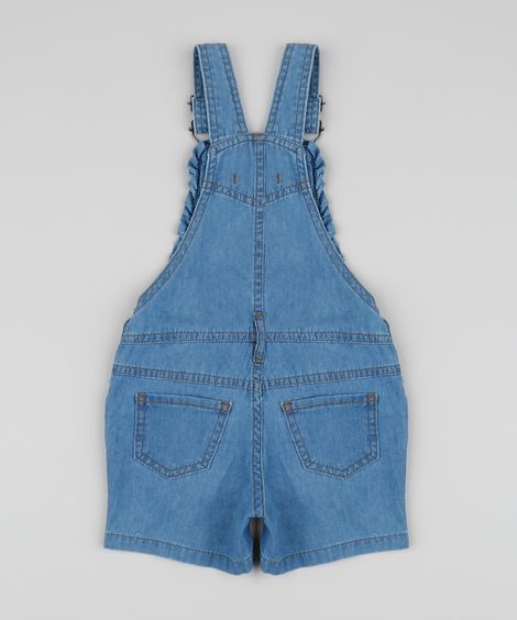 Jardineira Jeans Infantil Estampada Floral com Babados Azul Médio