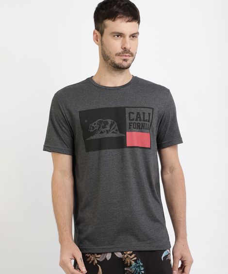 Camiseta Masculina "Califórnia" Manga Curta Gola Careca Cinza Mescla Escuro