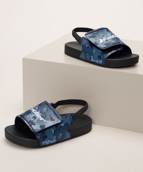 Chinelo Infantil Rider Full 86 Slide Estampado Camuflado com Elástico Azul Marinho