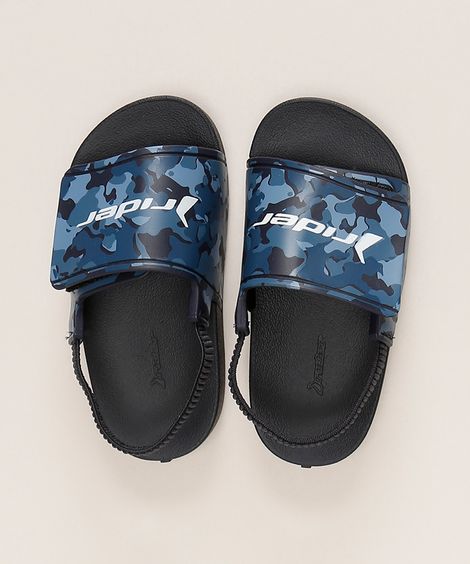 Chinelo Infantil Rider Full 86 Slide Estampado Camuflado com Elástico Azul Marinho