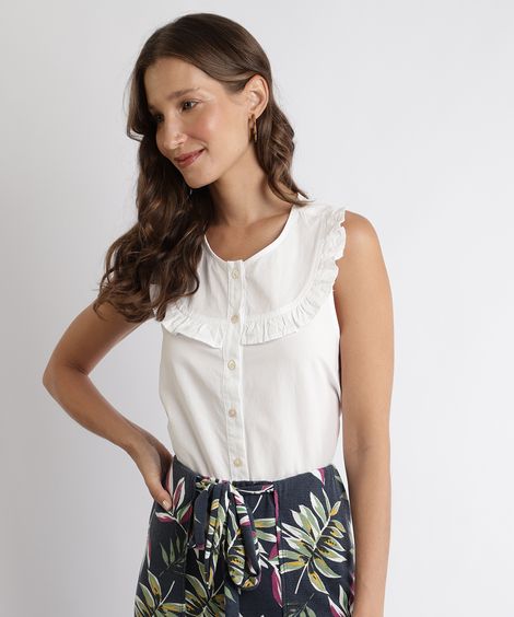 Camisa Feminina com Babados Sem Manga Decote Redondo Off White