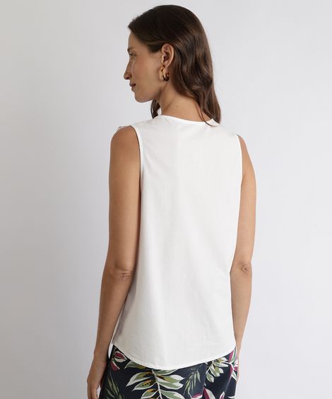Camisa Feminina com Babados Sem Manga Decote Redondo Off White
