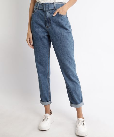 Calça Jeans Feminina Mom Cintura Super Alta com Cinto Azul Médio