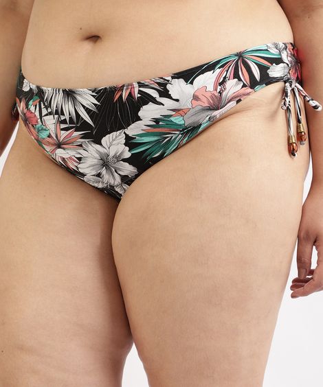Biquíni Calcinha Plus Size Estampado Floral com Amarração e Proteção UV50+ Preto