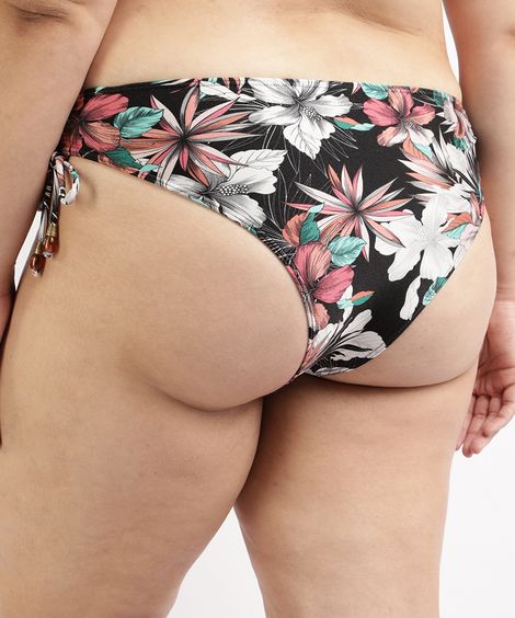 Biquíni Calcinha Plus Size Estampado Floral com Amarração e Proteção UV50+ Preto