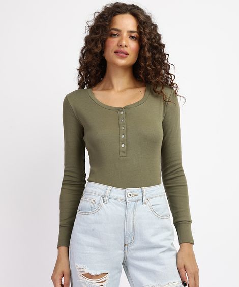 Blusa Feminina Básica com Botões Manga Longa Decote Redondo Verde Militar