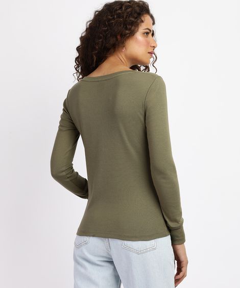 Blusa Feminina Básica com Botões Manga Longa Decote Redondo Verde Militar