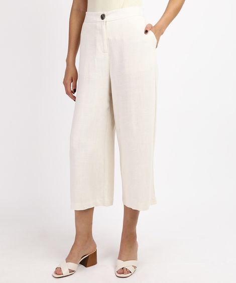 Calça Feminina Pantacourt Cintura Alta Alfaiatada com Linho e Bolsos Off White