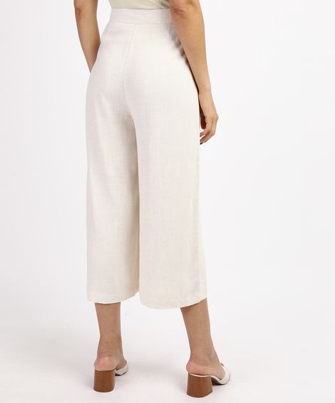 Calça Feminina Pantacourt Cintura Alta Alfaiatada com Linho e Bolsos Off White